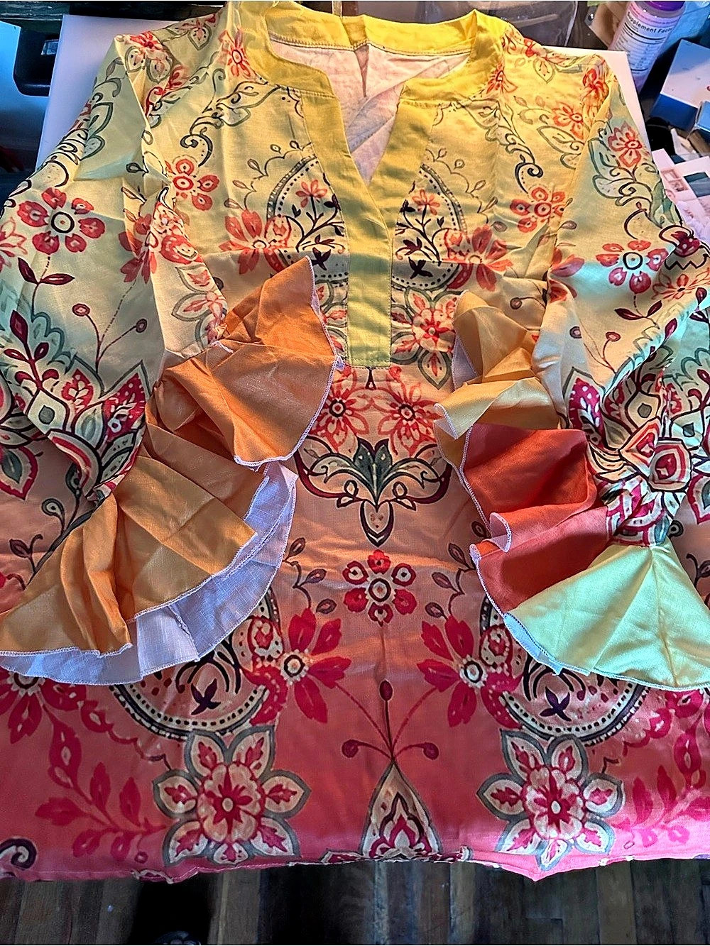 Multiples Floral Geo Tie-Hem Tunic Pink & Orange and yellow